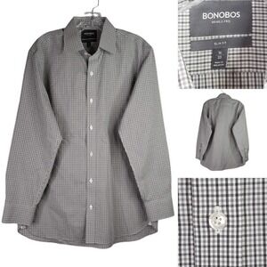 Bonobos Button Up Men's Size 16/33 Gray Check Wrinkle-Free Slim Fit LS Medium